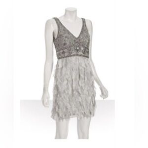 Sue Wong Nocturne‎ Platinum Beaded Feather Gatsby Formal Cocktail Dress